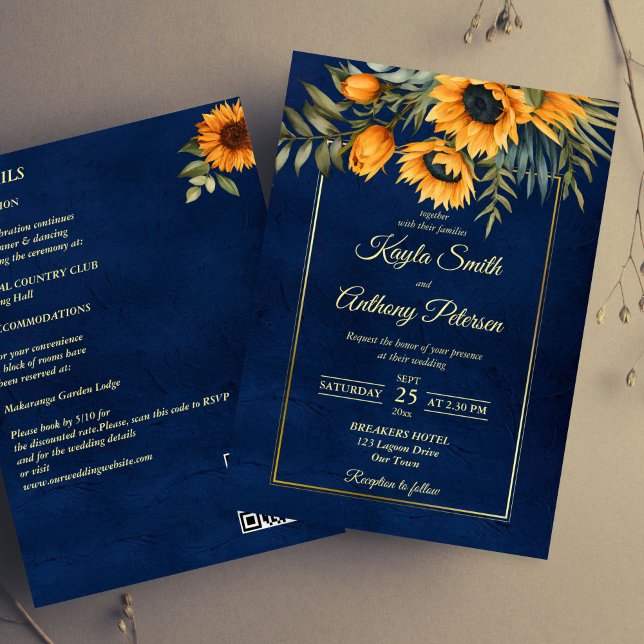 Invitación Boda de otoño marina azul girasol amarillo todo en (Fall wedding navy blue yellow sunflower all in one invitation template digital download)
