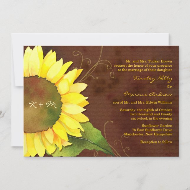 Invitación Boda de otoño moderna de girasol marrón rústico (Anverso)