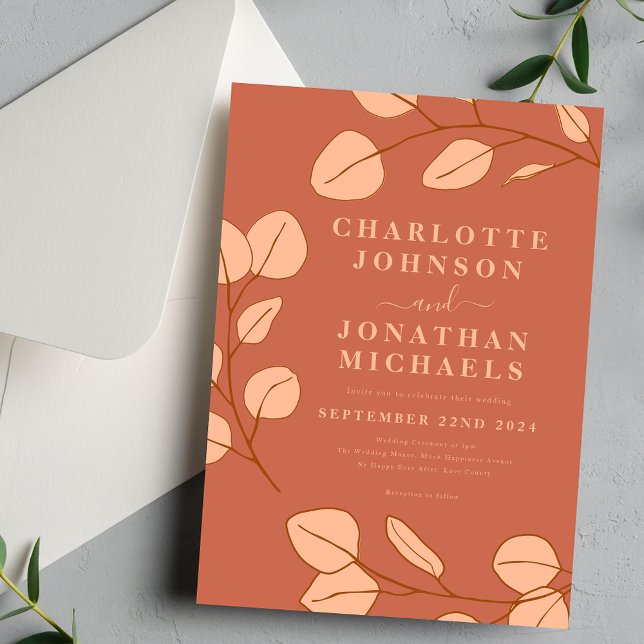 Invitación Boda de Otoño Moderna Simple con Hojas Caídas (Modern simple leaf peach fuzz wedding invitation with elegant typography script )