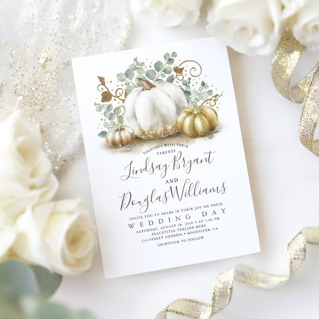 Invitación Boda de otoño moderna y rústica con calabazas dora (White Pumpkins Fall Wedding Invitation)