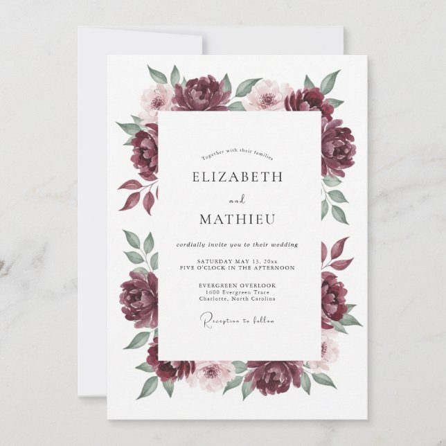 Invitación Boda de Otoño Opulenta Borgoña (Anverso)