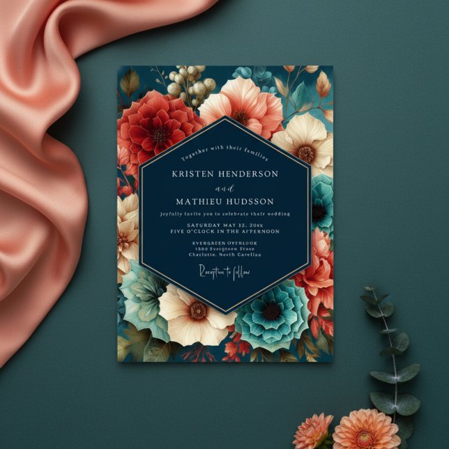 Invitación Boda de Otoño Opulenta Floral Verde Azul (Subido por el creador)