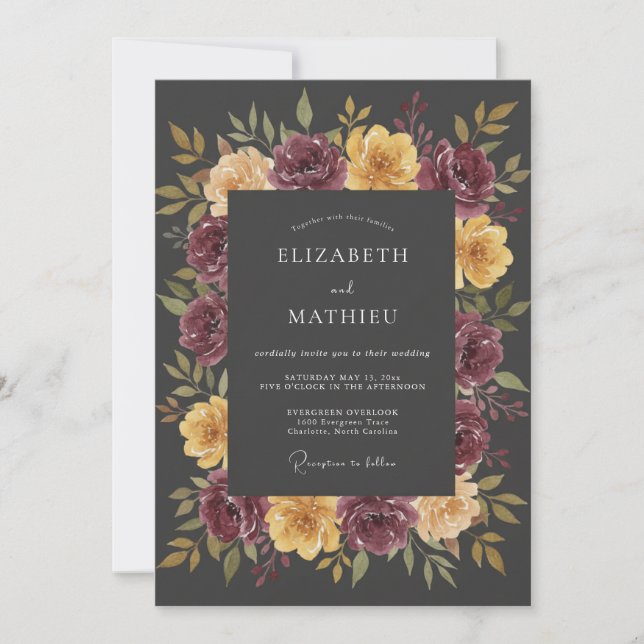 Invitación Boda de Otoño Ornada Gris Carbón (Anverso)