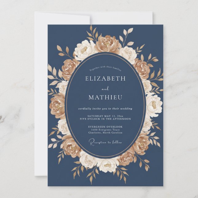 Invitación Boda de Otoño Refinada en Azul Marino (Anverso)