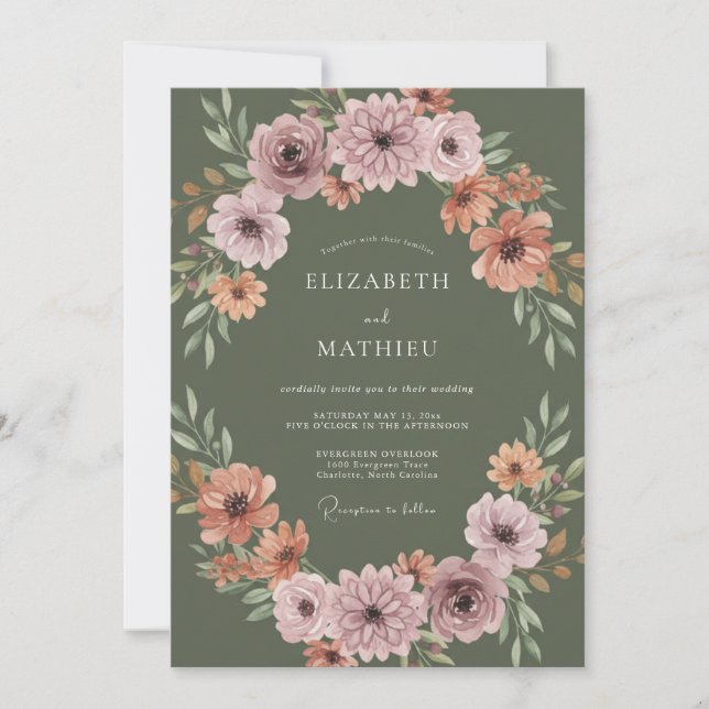 Invitación Boda de Otoño Refinada en Verde Oliva (Anverso)