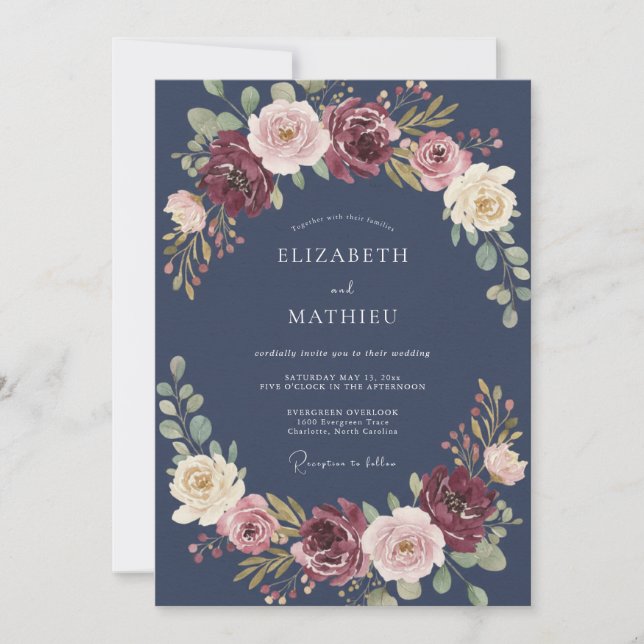 Invitación Boda de Otoño Regia en Azul Marino (Anverso)