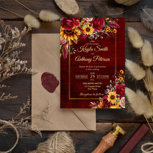 Invitación Boda de otoño rosas borgoña girasoles amarillos