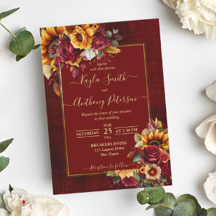 Invitación Boda de otoño rosas burdeos girasoles amarillos