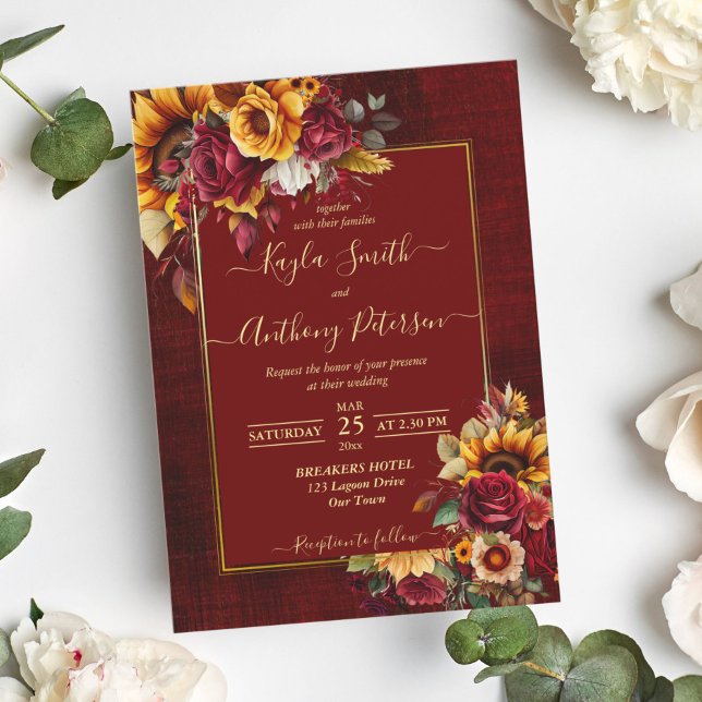 Invitación Boda de otoño rosas burdeos girasoles amarillos (Subido por el creador)