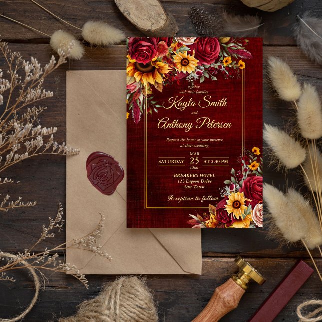 Invitación Boda de otoño rosas burdeos girasoles amarillos (Fall rustic cottagecore wedding burgundy roses yellow sunflowers invitation template digital downloa)