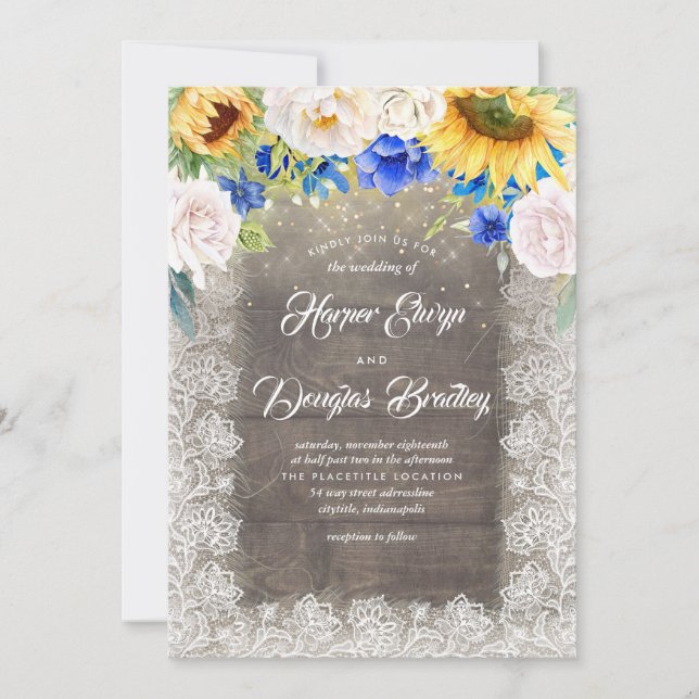 Invitación Boda de otoño rusa, blanca y azul, con girasol (Anverso)