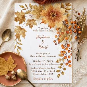 Invitación Boda de Otoño Rústica Acuarela Hojas Doradas