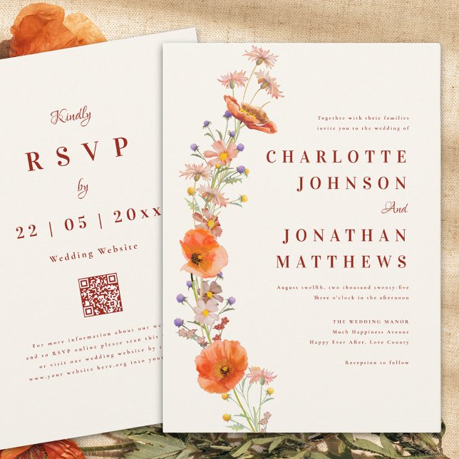 Invitación Boda de Otoño Rústica con Flores Silvestres Boho (Boho wildflower rustic fall wedding invitation with elegant script and wedding website qr code)