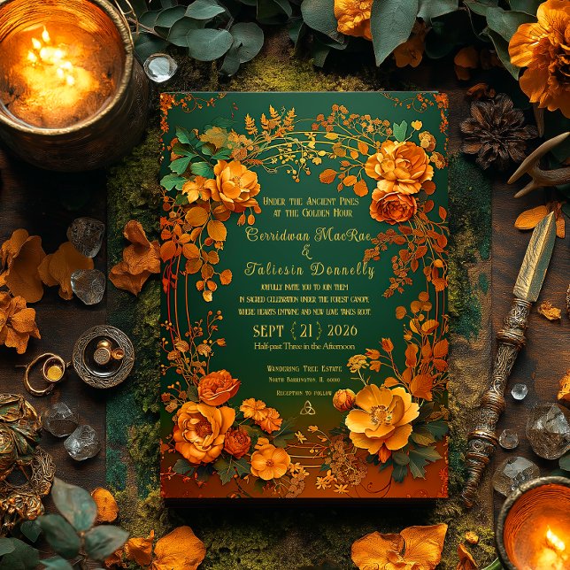 Invitación Boda de otoño rústica con flores verdes y doradas (Elegant Enchanting Autumn Druid Hill Wedding invitation )
