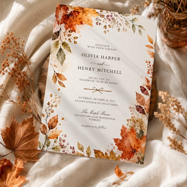 Invitación Boda de otoño rústica con hoja de arce acuarela (Subido por el creador)