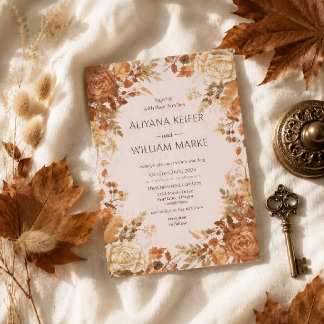 Invitación Boda de Otoño Rústica con Hojas de Naranja Quemada