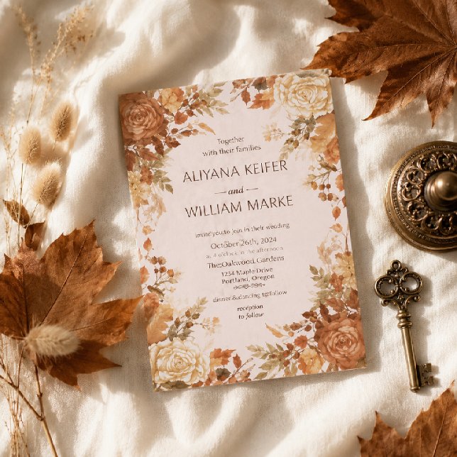 Invitación Boda de Otoño Rústica con Hojas de Naranja Quemada (Subido por el creador)