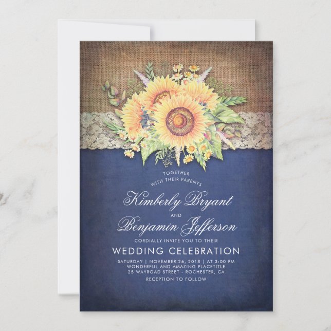 Invitación Boda de otoño rústica de la armada del girasol (Anverso)