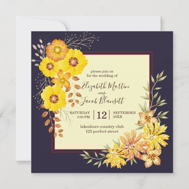 Invitación Boda de otoño rústica Rosas silvestres amarillos,  (Anverso)