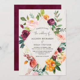 Invitación Boda de otoño rústico con flores de Borgoña