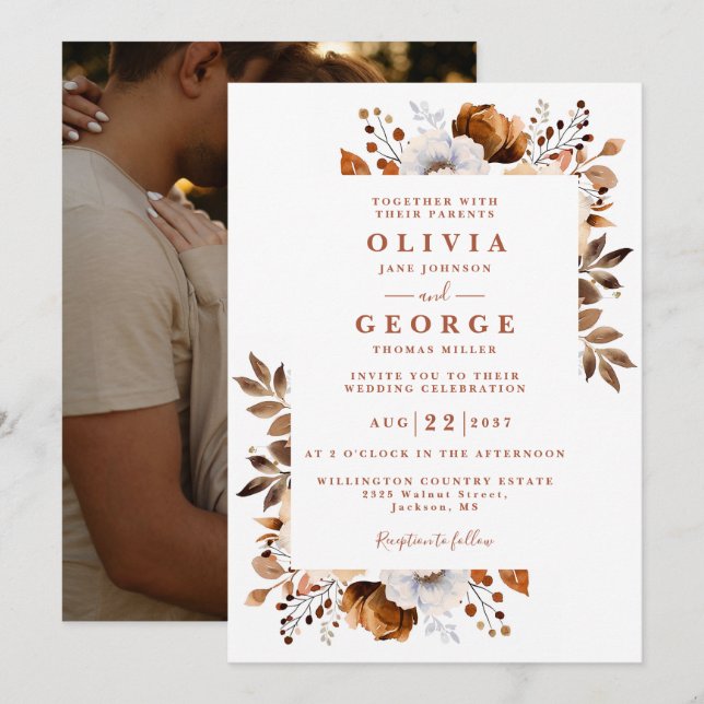 Invitación Boda de otoño rústico con terracota floral moderna (Anverso / Reverso)