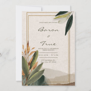 Invitación Boda de Otoño Rústico con Verde y Marco Dorado
