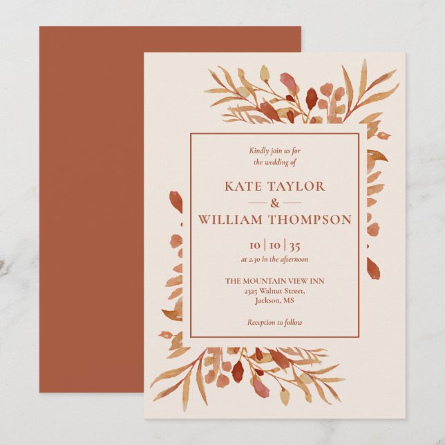 Invitación Boda de Otoño Rústico en Terracota (Anverso / Reverso)