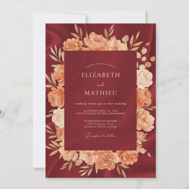 Invitación Boda de otoño seda Borgoña (Anverso)