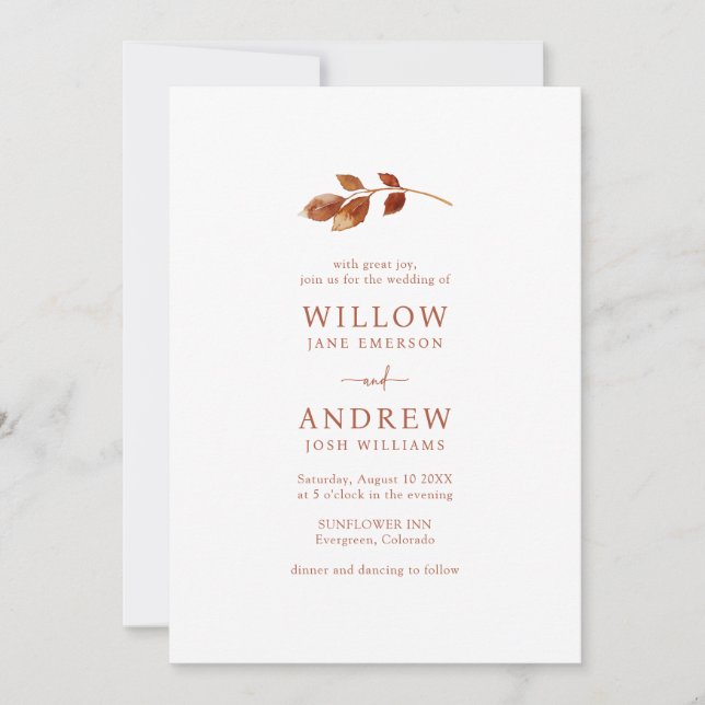 Invitación Boda de Otoño Simple de Terracota (Anverso)