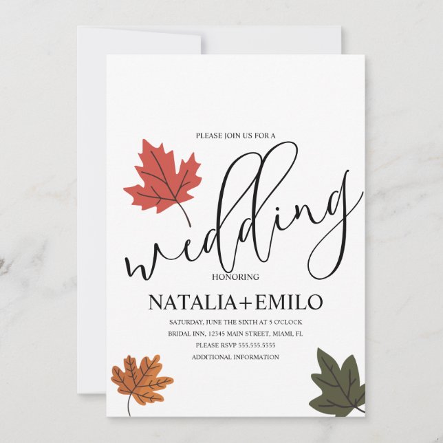 Invitación Boda de Otoño Simple Hoja  (Anverso)