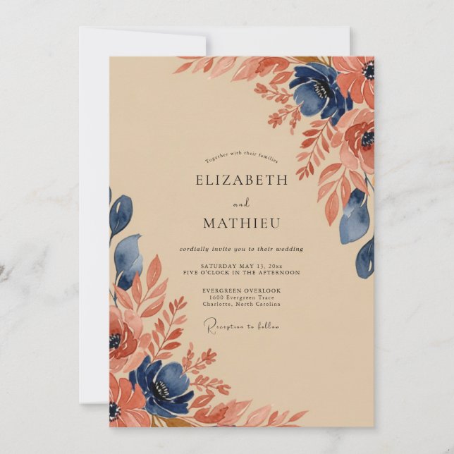 Invitación Boda de Otoño Sofisticada en Azul Marino (Anverso)