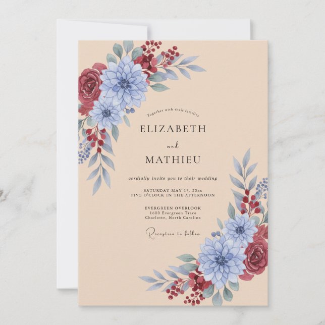 Invitación Boda de Otoño Sofisticada en Azul Polvoriento (Anverso)