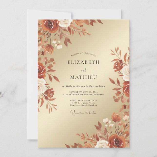 Invitación Boda de Otoño Suntuosa en Naranja Quemada (Anverso)