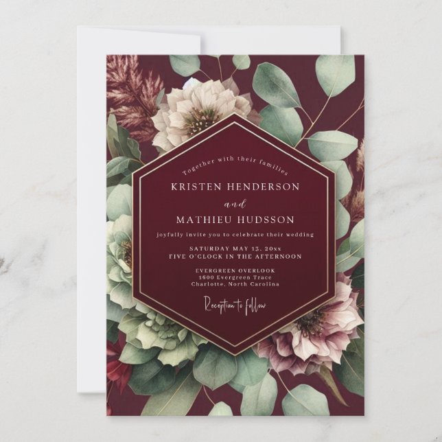 Invitación Boda de otoño temperamental con burgundy y salvia (Anverso)