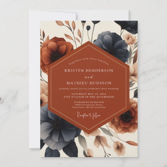 Invitación Boda de Otoño Terracota Navy Bloom (Anverso)