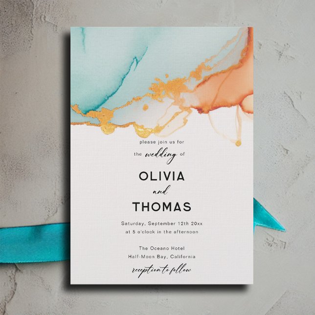 Invitación Boda de otoño Verde azulada de romántica Minimalis (modern orange and teal wedding invitation romantic elegant bohemian minimalist calligraphy simple)