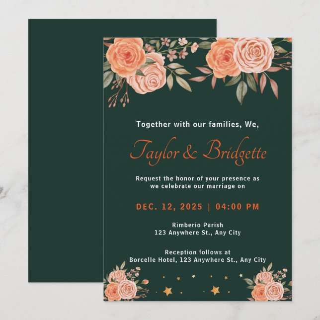 Invitación Boda de otoño verde de roya y esmeralda (Anverso / Reverso)