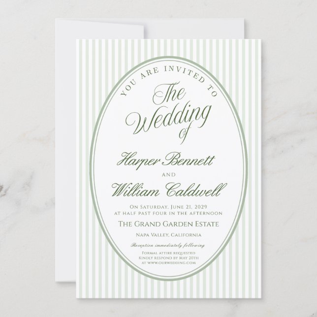 Invitación Boda de Oval Striped Sage Verde (Anverso)