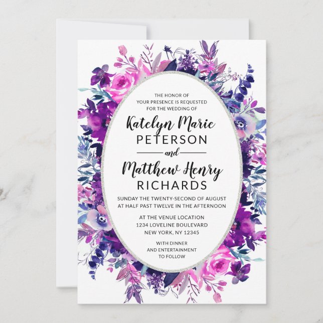 Invitación Boda de óvalo de acuarela violeta floral encantado (Anverso)