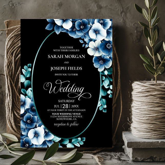 Invitación Boda de óvalo floral azul (Subido por el creador)