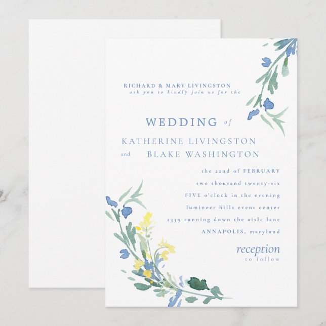 Invitación Boda de padres de flores silvestres azules y amari (Anverso / Reverso)