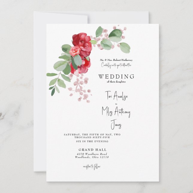 Invitación Boda de Padres de Novias de Eucalipto Floral Rojo (Anverso)