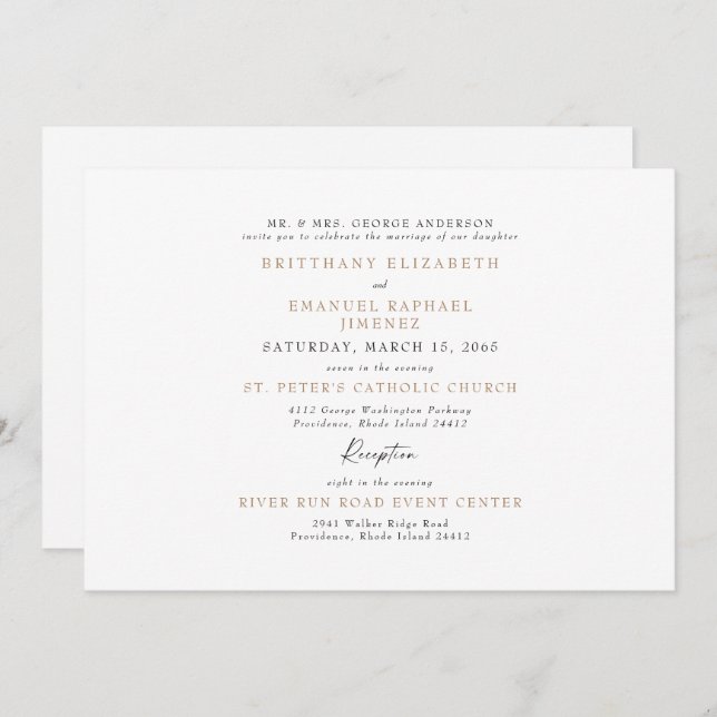 Invitación Boda de Padres Sencillos de Novias Blancas y Oro (Anverso / Reverso)