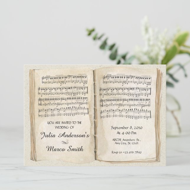 Invitación boda de páginas de libros de música de hojas antig (Anverso de pie)