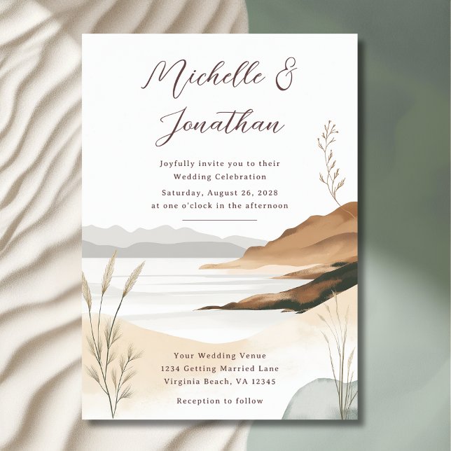 Invitación Boda de paisaje acuático de la playa de Moda coste (Front - Coastal Chic Beach Watercolor Landscape Wedding Invitation)