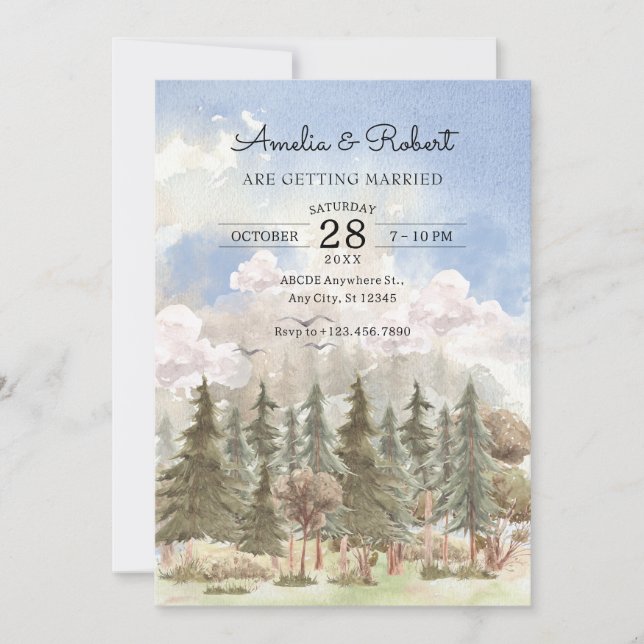 Invitación Boda de paisaje de acuarela estética (Anverso)