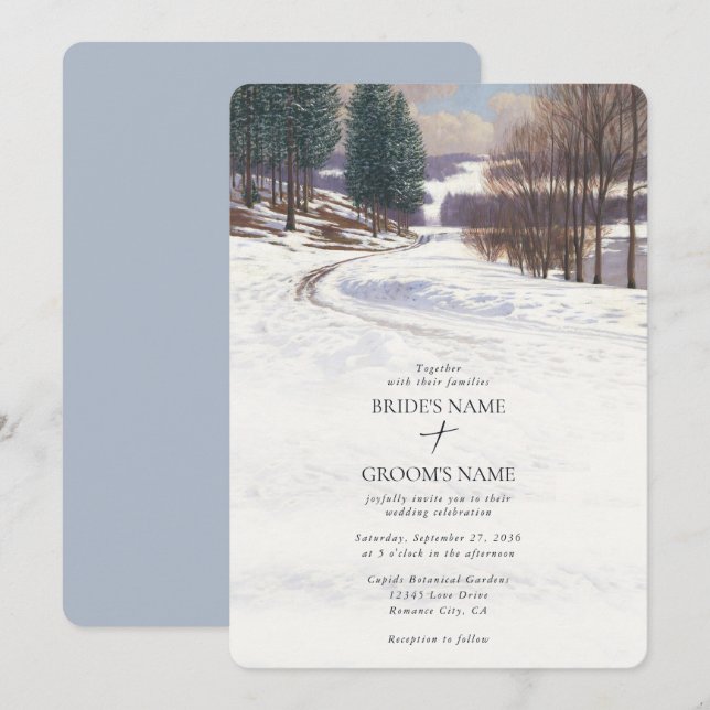 Invitación Boda de paisaje de nieve de invierno acuarela (Anverso / Reverso)