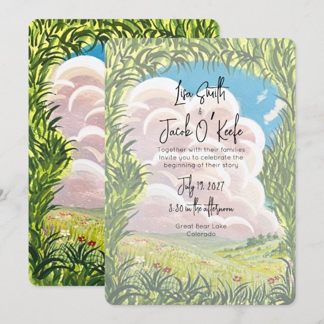 Invitación Boda de paisaje ilustrado pintado a mano (Anverso / Reverso)