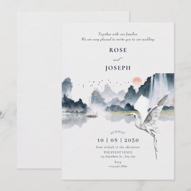 Invitación Boda de paisaje natural de arte acuático (Anverso / Reverso)