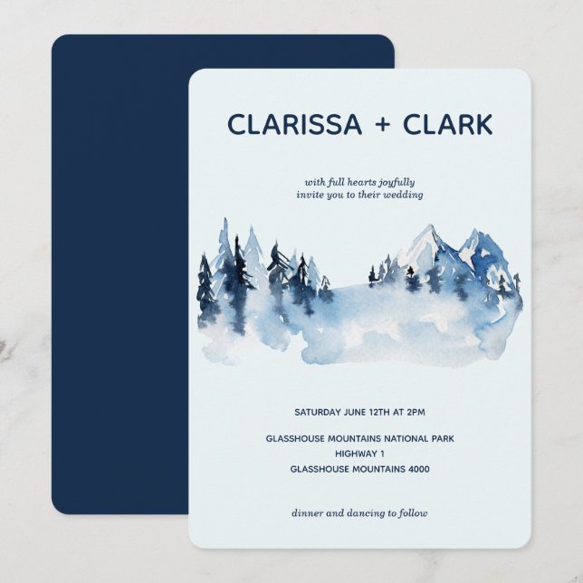 Invitación Boda de paisajes de montaña de acuarela moderna (Anverso / Reverso)
